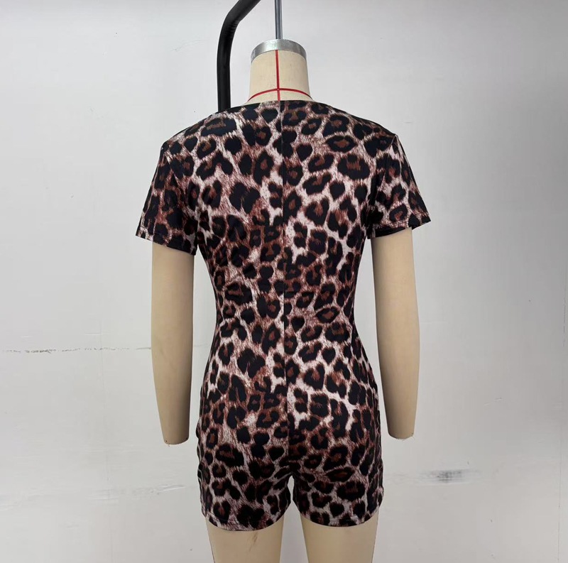 OM-2024 Summer New Arrival Leopard Print Short Sleeve V-Neck Fashionable Tight-Fitting Butt-Lifting Jumpsuit for Women - YH15813